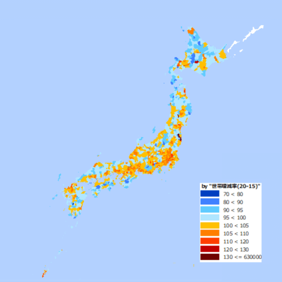 市区町村別　世帯数増減率マップ