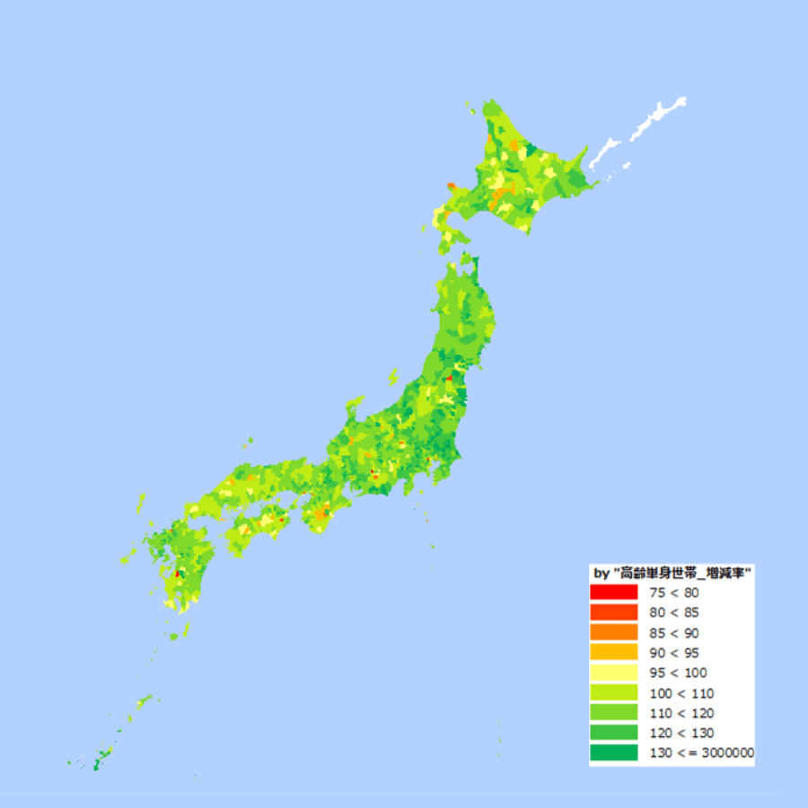 市区町村別　高齢単身世帯増減率マップ