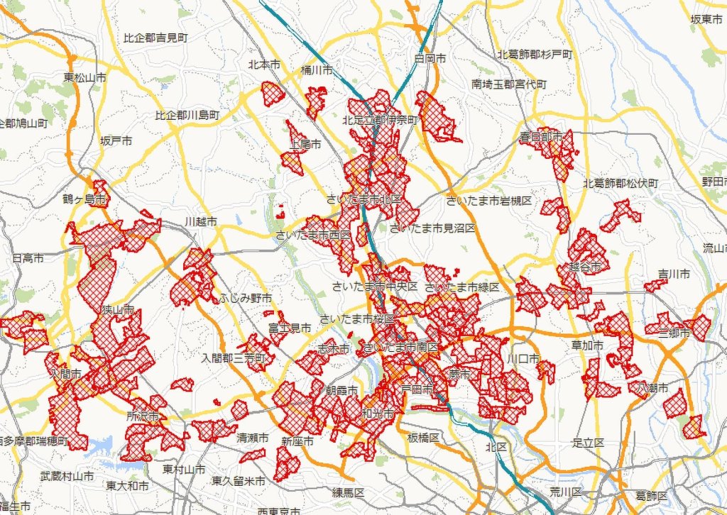 MarketAnalyzer® 5で、自動車保有傾向や世帯年収等の条件を満たすエリアを抽出し、可視化したイメージ