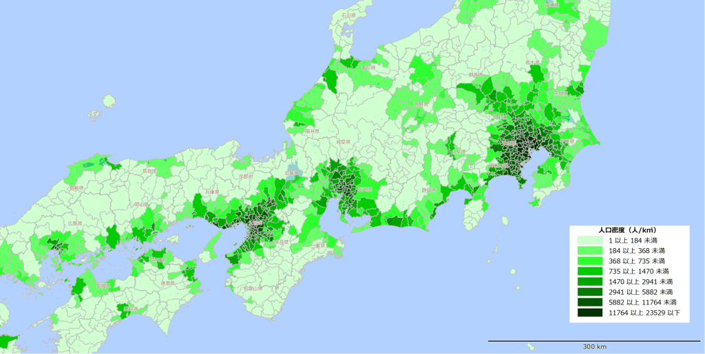 【太平洋ベルト地帯中心の人口密度マップ】