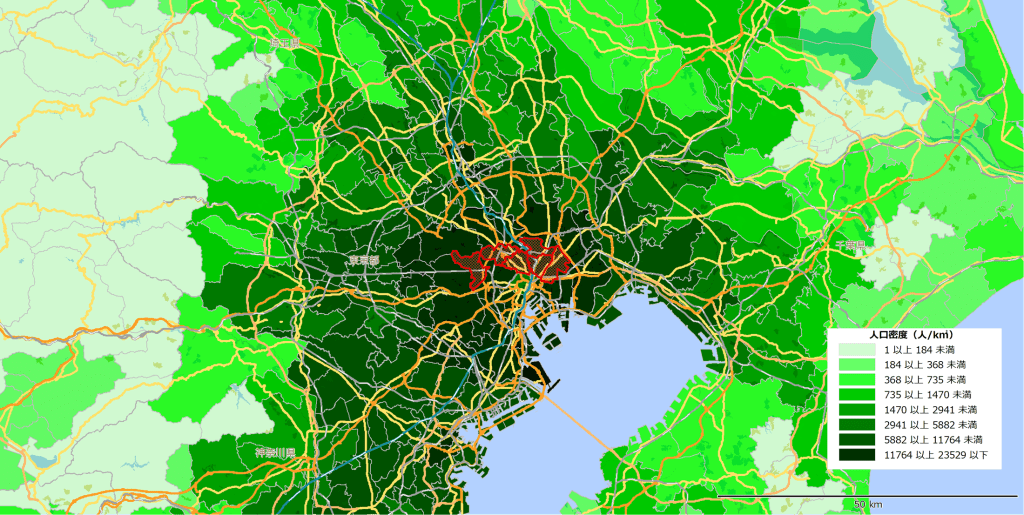 【東京都中心の人口密度マップ:赤いエリアは2万人/km²以上の市区町村】